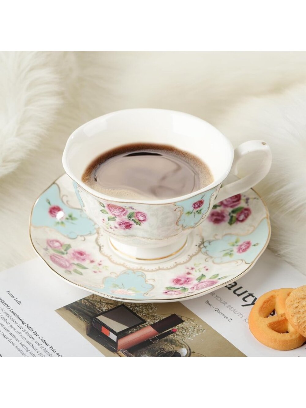 Colorful Floral Porcelain Coffee Cups & Saucers Set for 6 - Elegant Tea Party - Picture 3 of 6
